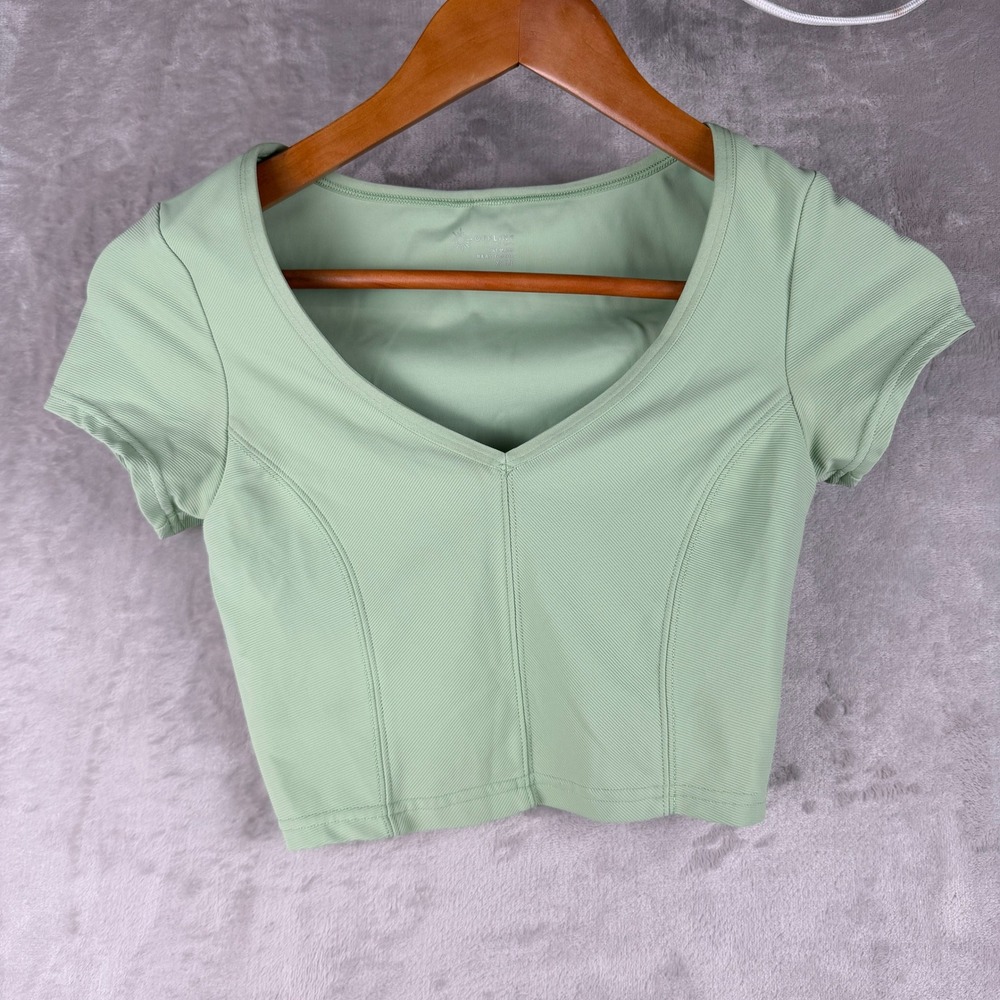 Offline by Aerie Light Green Ribbed‎ V-Neck Short Sleeve Crop Top XS
